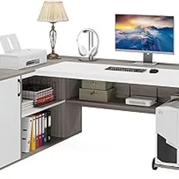 TEKAVO Director Desk for Office | L Shaped Director Desk | Manager Cabin Desk with Storage Drawers | 140 cm | Mile Oak & White - DIY (Do it Yourself) image 1