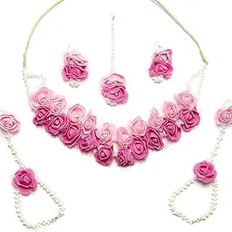 zeneme Jewellery Pearl Designer Pink & Red Jewellery Set with 5 Items for Women & Girls (Mehandi/Haldi Bridal/Baby Shower)-picture-24