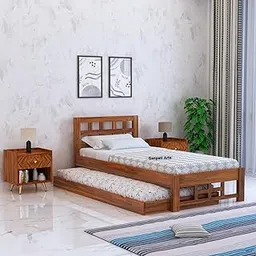 Ganpati Arts Sheesham Wood Simon Single Size Trundle Bed with 1 Extra Pullout Bed for Bedroom Home (Natural Finish)-picture-19