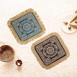 Homestic Pack of 2 Velvet Pooja Mat for Sitting On Floor | Comfortable Eating Aasan for Home | Decorative Sitting Mat for Meditation & Mandir | Floral - Brown & Firozi-image-95