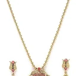 Eye-Catching Pink Gold Stone Multistring Long Necklace Set And Earring | Jewellery Set For Women (NS105686)-image-20