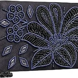 Elegant Evening Clutch Purse, Black Satin with Blue Beaded Floral Design, Crystal Embellished Party Handbag-image-3