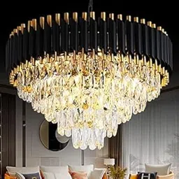 Zingy Modern Ceiling Lamp 5-Tier Round Crystal Chandelier for Living Room | Modern Ceiling Light Jhumar for Hall for Home Decoration + 3 Color LED Light (Black Gold, 600MM)-picture-19