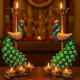 RSN Decorative Peacock Tealight Candle Holder Set, Metal, Hand-Painted,Peacock Set of 2 Size-14x4x4 Inches-picture-34