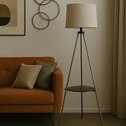 Brass Antique Modern Floor Lamp with Storage Shelves, 48.26 cm Tall, Jute Shade, Touch Control, LED Compatible, Indoor Lighting for Bedroom, Living Room-picture-23