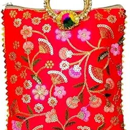 Anas Trendy Fashion Designer Handcrafted Floral Embroidered Potli Handbag, Pearl Handle, Sequin Work-picture-39