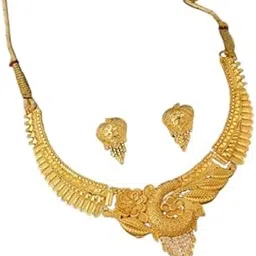 Traditional Gold-Plated Necklace Set with Pearl Drops, Crystal Stones, Red and Green Gemstones, Long Chain Design, Earring-image-69