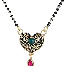 Mangalsutra Green CZ Heart Shape Gold-Plated Tanmaniya Nallapusalu Pendant With Black Bead For Women-image-26
