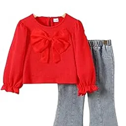 m laskar garments Stylish Kids Wear Top and Denim Jeans Set Long Sleeve Bow Design Crepe Fabric with Dyed Washed Denim Pants for Girls-picture-31