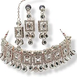 Traditional Kundan Necklace and Earrings Set, White Crystal Choker Style, Multi-strand Wedding Jewellery for Women-picture-11