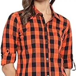 vastraa fusion Women's Cotton Regular Orange Check Shirt/Top-picture-45