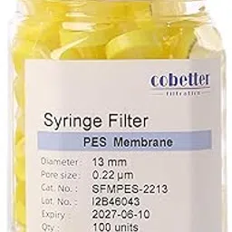 PES Syringe Filter Lab Filters 100pcs, 0.22μm Pore Size 13mm Diameter Hydrophilic Filtration Non-sterile Yellow by COBETTER-picture-23
