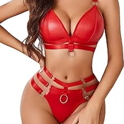 Women’s Lingerie Set O-Ring Linked Cut Out Choker Bra and Panty Set Bondage Three Pieces Underwired Babydoll Dress for Halloween Party & Beachwear-picture-48
