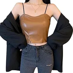 disolve Women Crop Tops Faux Leather Sleeveless Round Neck PU Leather Crop Tank Tops Streetwear Free Size (28 Till 32) Brown Colour-picture-18