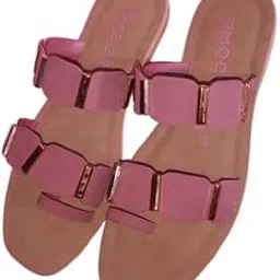 Women's Slip-On Sandals with Gold-Tone Metal Accents, Pink Straps, Tan Footbed-picture-15