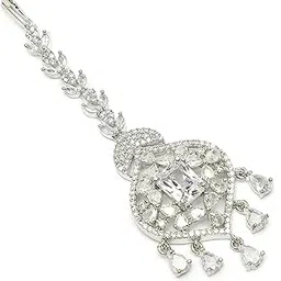 Sparkling American Diamond Maang Tikka for Women | Elegant Floral Design Silver Plated Maang Tikka for Wedding - Traditional Head Jewellery for Women-image-58