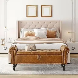 ONE LEGACY Prado Storage Bench, End of Bed Bench with Button-Tufted Large Upholstered Storage Ottoman Linen Window Bench with Storage Shoe Cabinet Bench, for Bedroom, Entryway, Closet. (Brown)-image-25