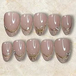 SIYARAM PALACE Handmade Press-On Nails Set, shiny bow Gold Accent, Gloss Finish, 12 Pieces with Preparation Kit-picture-44