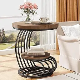ENIQE STORE Two-Tiered Circular Coffee Table, nightstand, Telephone Table, end Table, Sofa, Side Corner Table, and Storage for Small Spaces in Living Rooms and bedrooms (Black & Walnut)-picture-24