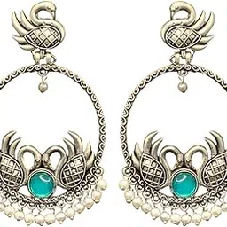 Traditional Oxidized Silver Peacock Hoop Earrings with Green Stone & Pearl Beads | Antique Ethnic Jewellery for Women & Girls | Party, Festive & Wedding Jhumka-picture-11