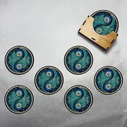 TW Round Coaster Set of 6 Yin-Yang Mandala Design Wooden Coasters to Serve Tea Cups, Coffee Mugs and Glasses (3.5 Inch) (Ecofriendly) with Stand for Dining Table, Meditation & Home Decor-image-7
