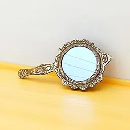 Asha Enchant Decor Brass Carved Round Shape Hand-held Mirror with Handle Vintage Compact Vanity, Vanity Portable Travel Mirror (11 X 22 cm, 130 gm)-image-26