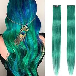 Ekan Synthetic Hair Streak Colored Hair Extensions Highlights for Women Girls Kids (Dark C GReen, Set of 2)-picture-18
