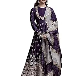 miss ethnik Women's Purple Faux Georgette Semi Stitched Top With Unstitched Santoon Bottom and Faux Georgette Dupatta Embroidered Flared Top Dress Material (Gown) (ME-1-977) image 1