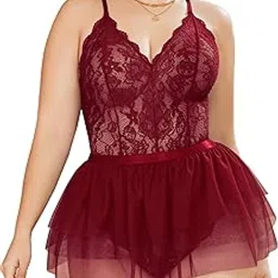 Plus Size Lingerie Womens Lace Teddy Babydoll V Neck Chemise Nighty with Detachable Mesh Mini Skirt-image-39