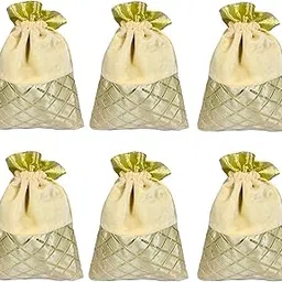 evisha 6 pcs Golden Off White Velvet Satin Potli bags | Pouch | Hand bags Size(25cm*18)-picture-40