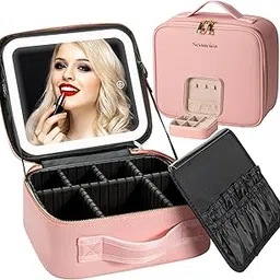 Seoneiro Makeup Travel Bag with LED Lighted Mirror Adjustable Brightness Portable Waterproof Makeup Case with Adjustable Dividers, Make up Train Case Organizer Makeup Brush Accessories and Tool Case,-picture-31