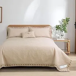 Ross Home & Living King Size Ultra Soft Cotton Bed Cover Set| Floral Design |644 GSM Premium Double Bedsheet (254x275 cm) with 2 Pillow Covers & 1 Cushion Cover| Elegant All-Season Bedding-Acru-image-20