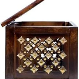 Beautiful Antique Wooden Stool with Brass Cutting Design Storage Stool for Living Room and Bedroom Furniture (Brown,12 inch Stool)-picture-11