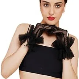 totka 1 Pair Ruffle Black Glove for Women for Weddings Party Photography, Opera Style Net Blak Gloves for adult ladies Full Finger Black Bridal Wedding Glove Evening Accessory Gloves for Women-picture-27