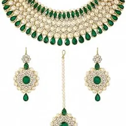 abdur raheem jewellers AISHA JWELERS Traditional Indian Jewellery Set with Green Emerald and Pearl | Gold-Plated Necklace, Earrings & Maang Tikka Set | Ethnic Bridal & Festive Jewelry for Women and Girls-picture-32
