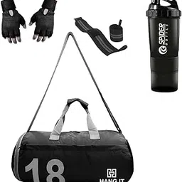 hang it Combo for Men - Gym Bag with Shoe Compartment, Black Bottle, Wristband, Gloves - Fitness Kit for Men and Women (Black)-picture-33