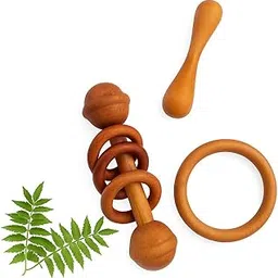 Litilish Baby Teether Combo Pack of 3 – Organic Neem Wood Teether Combo - 1 Ring, 1 Rattle, 1 Dumbbell Nibbler – Safe Natural Teething Toys | Wooden Teethers for 6 to 12 Months Baby-image-80