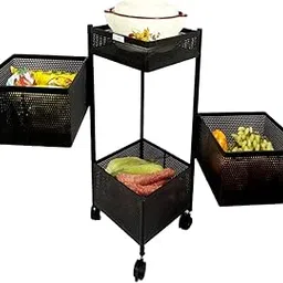SKYWELL 4 Layer Square Design Kitchen Rotating Trolley Portable Storage Rack for Fruits, Vegetables, Cutlery, Spices, Jars - Iron Tiered Shelf Organizer Stand-picture-17
