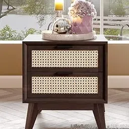 Relina Home Decor Nightstand with Cane Drawer Fronts, 2 Drawers,Assembled-Mid Century Modern Side Table,Multipurpose use for Living Room (Walnut Finish)-picture-35