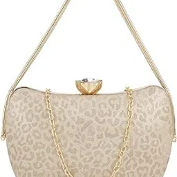 globus Women Gold Animal Print Single Handle Boat Shape Party Clutch With Detachable Chain Strap-picture-44