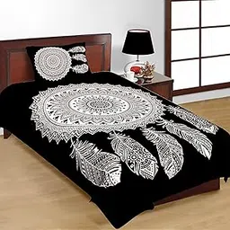 Lakshita Enterprises Mandala Dreamcatcher Single Bedsheet with Pillow Cover, Black and White-picture-11