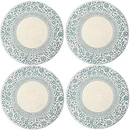 Encasa XO Dining Table Mats Set of 4 | Cotton Round Placemat - 32 cm Diameter | Printed Light Blue | Handmade Rib Style-picture-31