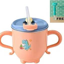pilu Milk Mug for Kids – Dinosaur Print Stainless Steel Mug for Kids, Insulated Milk Cup with Lid & Straw, Water, Juice Drinking Mug, Glass, Cup for Kids – 200 ML (Free with Silicon Spoon) (Orange)-image-6