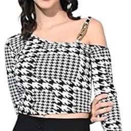 SFOTY Women's Houndstooth Print One Shoulder Crop Top with Chain Strap-image-1