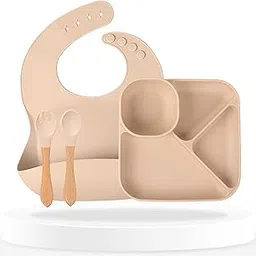 Bembika Baby Feeding Essential Baby Dinner Set Silicone Tableware Set for Baby Infant Training Eating Utensils - (Pack of 4)(Beige)-picture-49