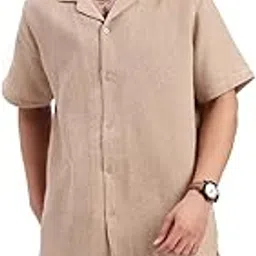 showoffff SHOWOFF Men's Cuban Collar Solid Beige Co-Ords Set-Cora-3777_Beige-picture-34