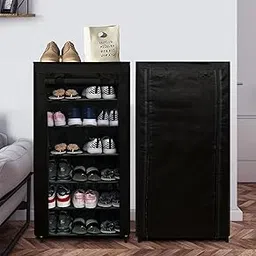 PHILOSHOP 6 Tier Metal Shoe Rack Collapsible Shoe Organiser with Adjustable Shelves Space Saving Lightweight Racks Foldable Sneaker Footwear Best for Men, Women, Boots, Slippers (Black Cover)-image-17