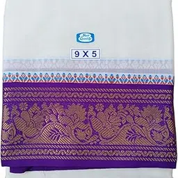 Traditional Mens Pure Cotton 5 Inch Jacquard Dhoti with Floral Border Design, Off White Colour, 4 Meter Dhoti with 2.25 Metres Angavashtram, 9+5 Panchakacham-image-11