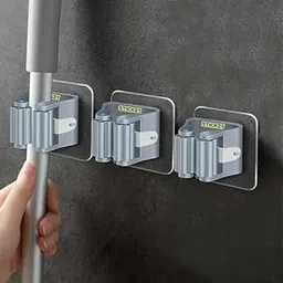 Stickzy 3Pc Broom Mop Holder Wall Mounted with Magic Sticker No Drilling Rack Organizer for Home, Bathroom, Laundry Room, Garden Garage - (EZ-003) Grey-picture-26