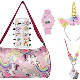 annacreations 1 Pcs Stylish Polyester Duffel Bag and 10 Pcs Hair Clips, 1 Pcs Watch Perfect Unicorn Combo Gift Set for Baby Girls, Girls and Women-picture-36